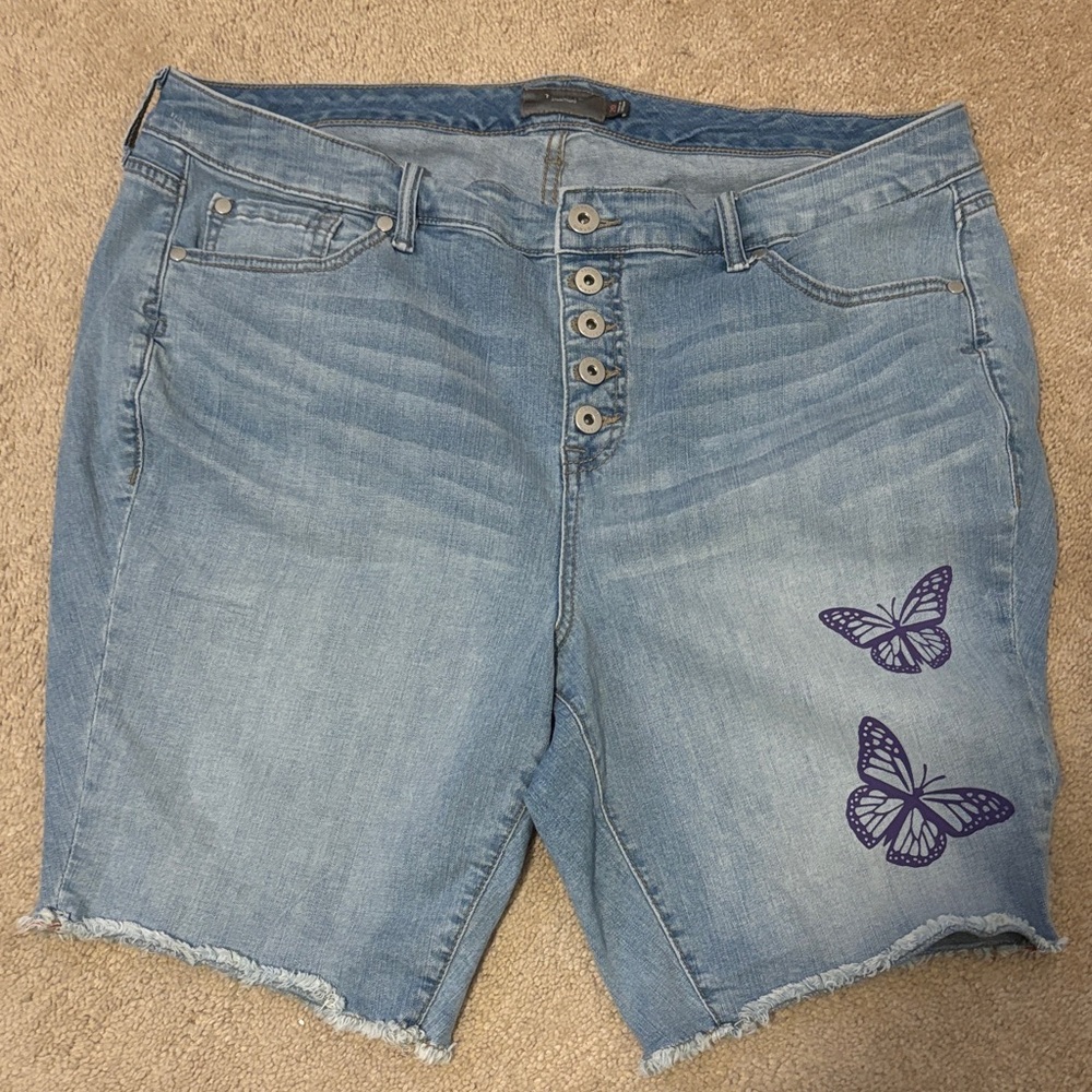 Torrid Light Blue Denim Bermuda Shorts with Purple Butterfly Print